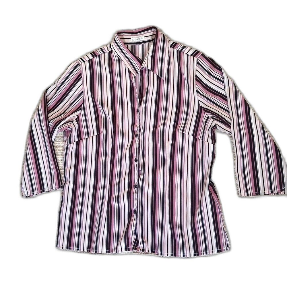 M ​Women Pink Black White Vertical Striped Button Down Shirt Stretch Long Sleeve